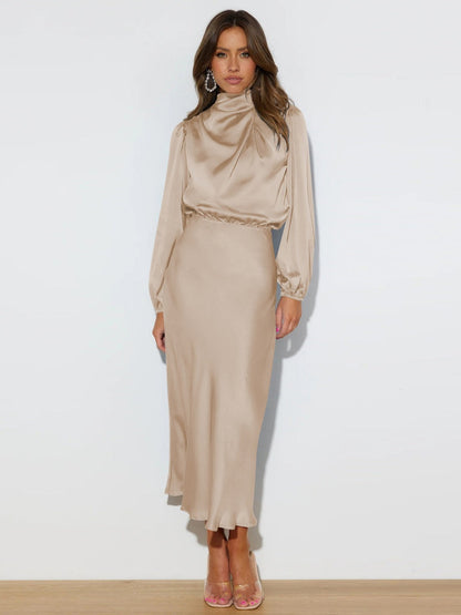 Satin Long Sleeve Zipper Solid Color Maxi Dresses