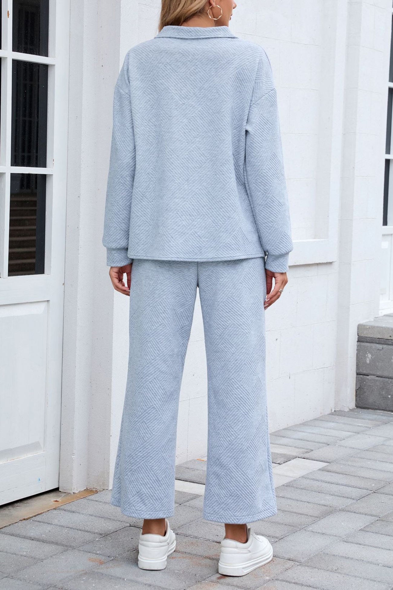 Lapel Long Sleeve Textured Sweashirt Set