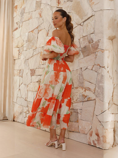 Printed Puff Sleeve Sweetheart Collar Vacation Maxi Dresses