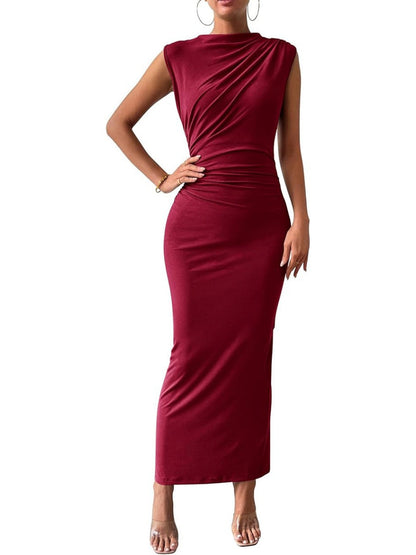 Solid Color Sleeveless Pleated Slim Fit Innerwear Maxi Dresses