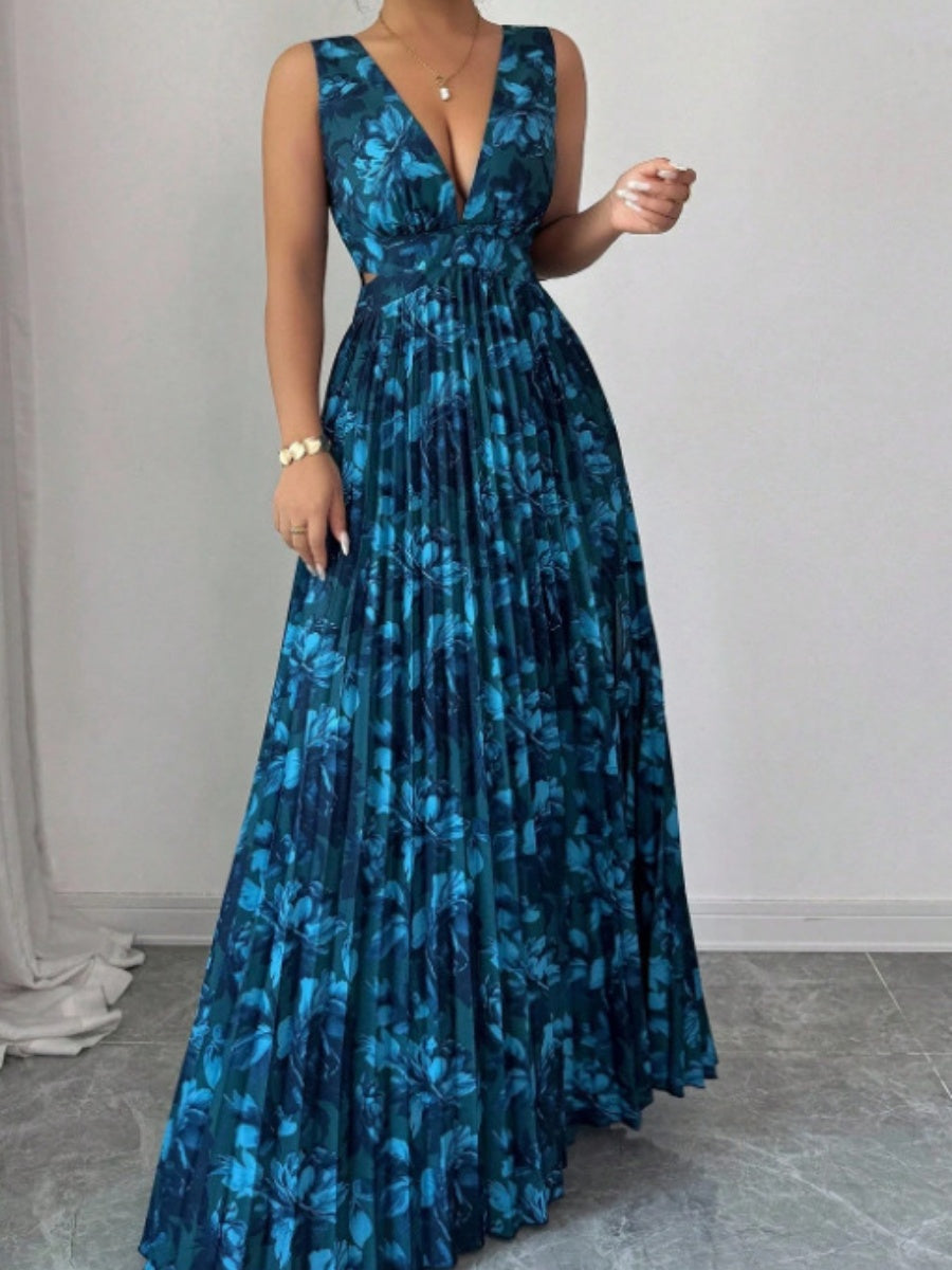 Sexy Deep V-neck Sleeveless Floral Print Maxi Dress With Slit Hem And Pleats