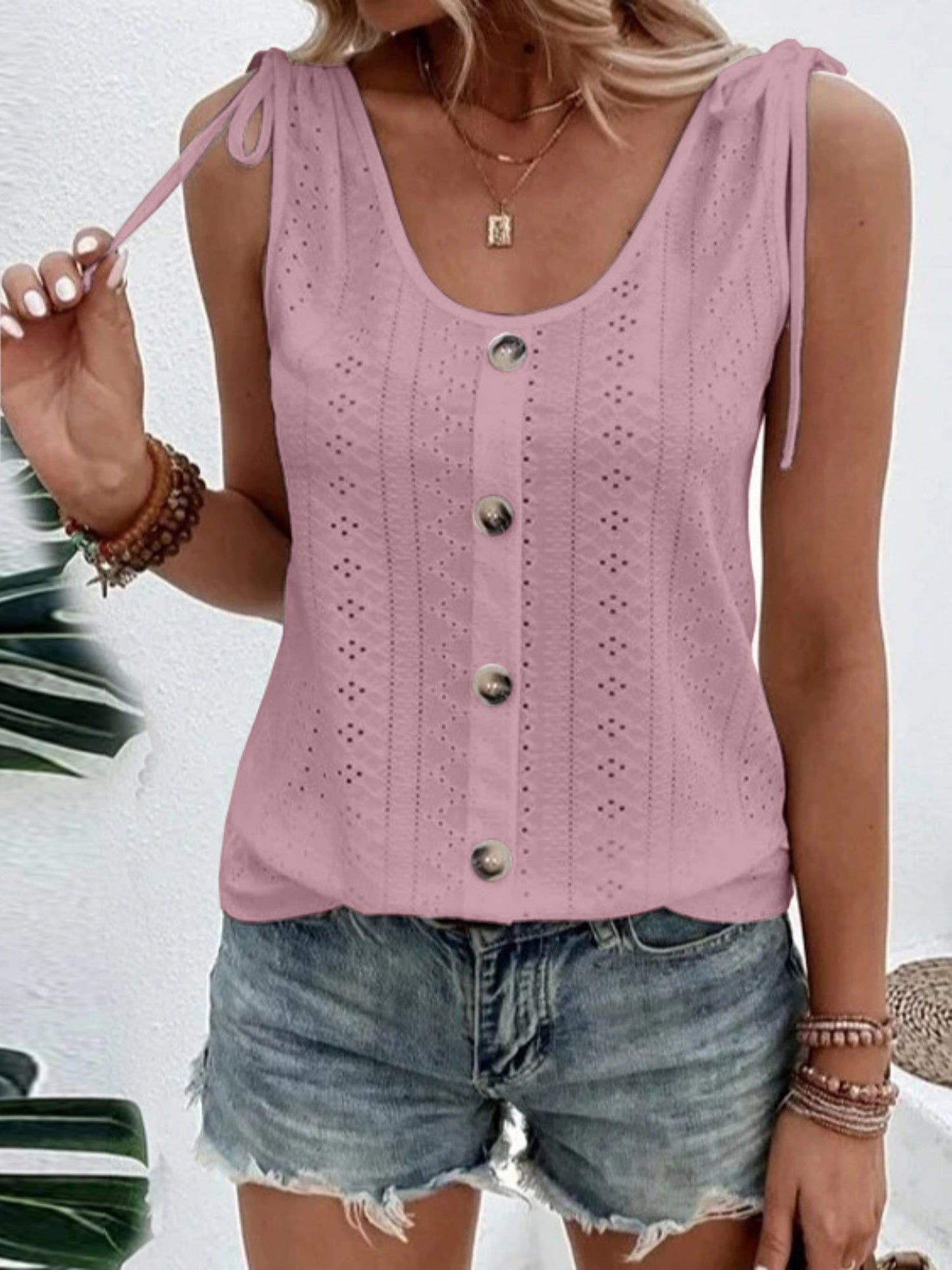 Jacquard Hollow Out Straps Buttons U-neck Vest