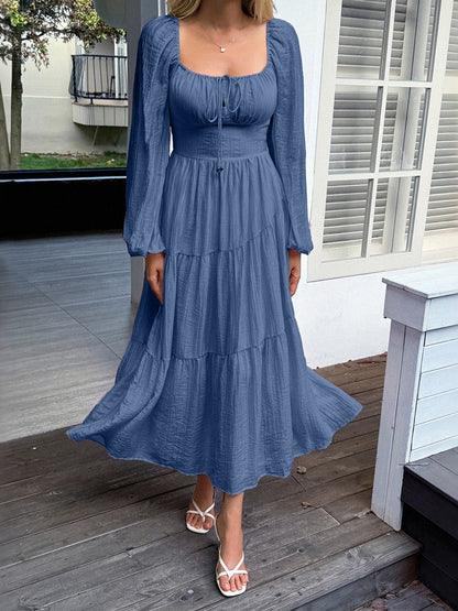 Straps Puff Sleeve U-neck Long Sleeve Maxi Dresses