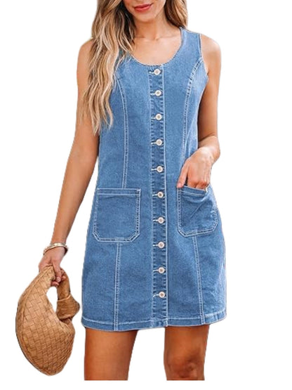 Sleeveless, Fitted Denim Button-down Short Dress With Patch Pockets