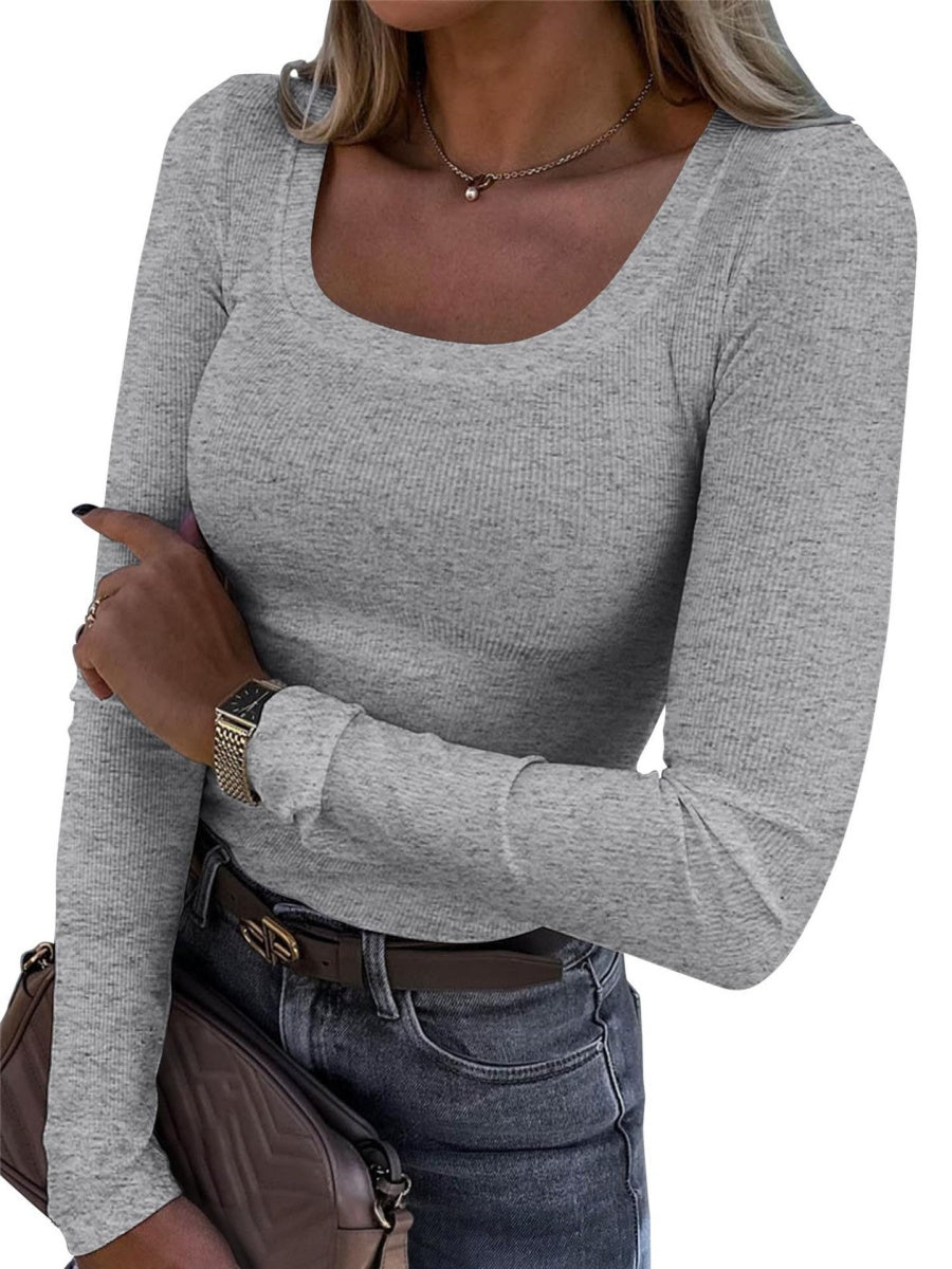 Threaded Groove Trimming Long Sleeve U-neck Base T-shirts