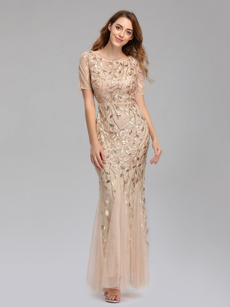 Embroidery Sequins Fishtail Spliced Mesh Formal Dress Maxi Dresses