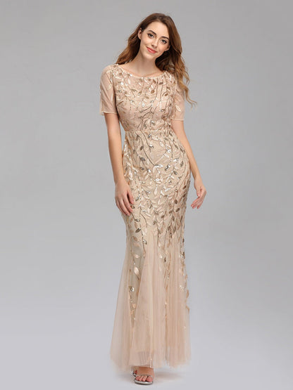 Embroidery Sequins Fishtail Spliced Mesh Formal Dress Maxi Dresses