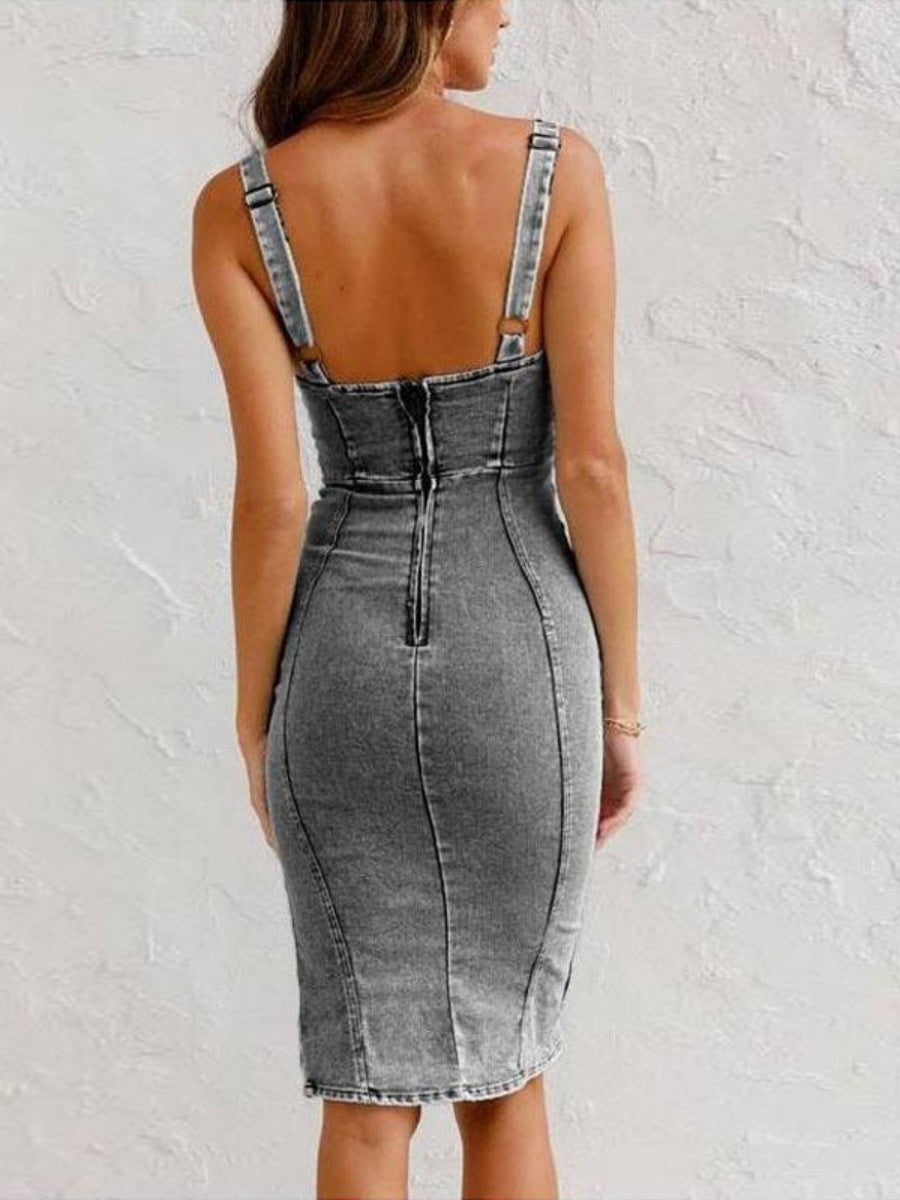 U-neck Camisoles Distressed Denim Slit Mini&Short Dresses