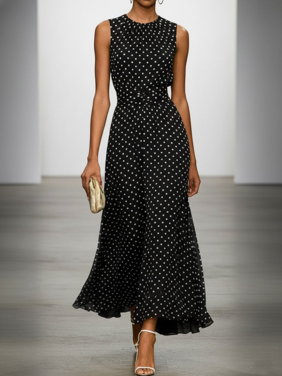 Sleeveless Polka Dots Waist Grace Temperament Maxi Dresses