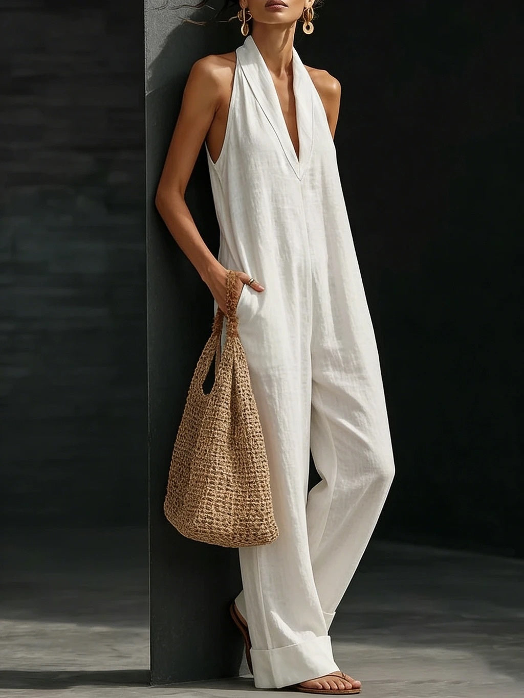 Simple Solid Color V-neck Sleeveless Jumpsuit