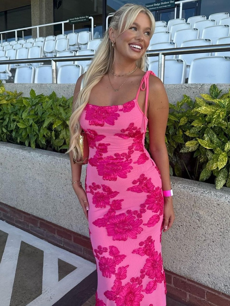 Sexy Halter-neck Bodycon Long Dress With Three-dimensional Floral Pattern