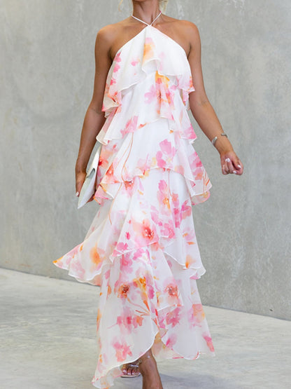 Chiffon Multi-story Halter Printed Vacation Maxi Dresses