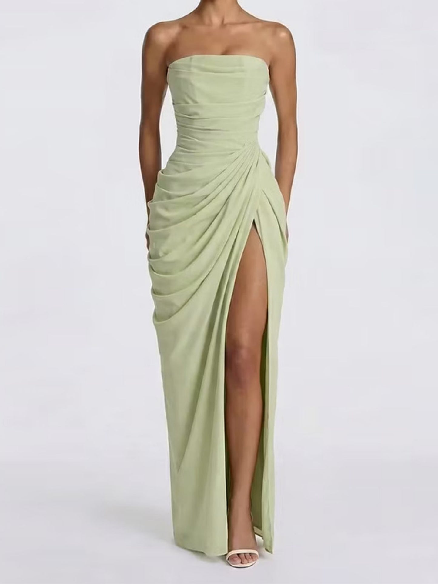 Pleated Slit Strapless Waist Maxi Dresses