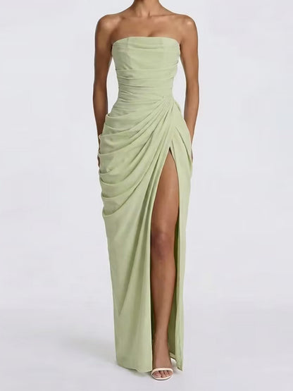 Pleated Slit Strapless Waist Maxi Dresses