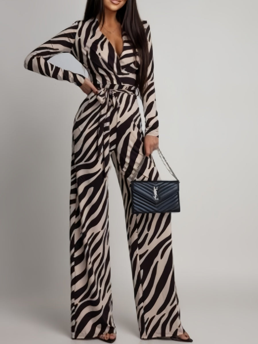 Zebra Print V-neck Long Sleeve Wide-leg Pants Jumpsuits