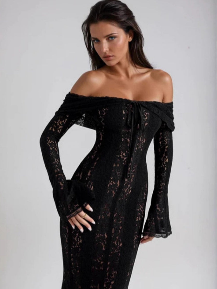 Lace Hollow Off Shoulder Flared Sleeves Hip-hugging Maxi Dresses