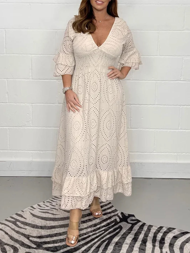 Broderie Anglaise Deep V-Neck Double Ruffle Sleeve Smocked Waist Tiered Midi Dress
