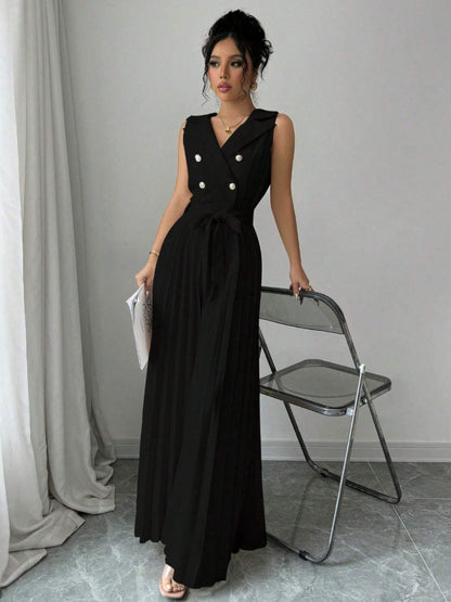 Commuting Suit Collar Pleated Pants Double-breasted Jumpsuits