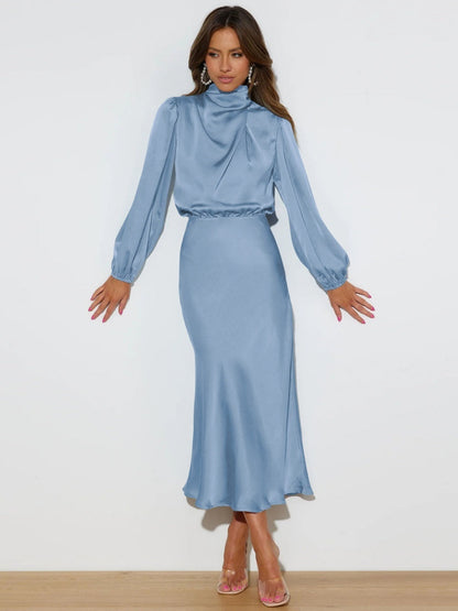 Satin Long Sleeve Loose Turtleneck Midi Dresses