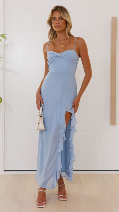 Spaghetti Strap Twist Front Bust Ruffle Trim High Side Slit Maxi Dress