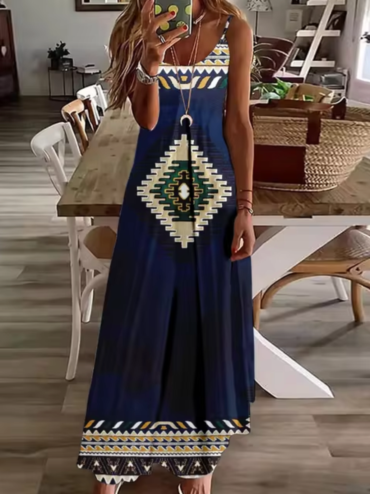 Deep V-Neck Turtle Dreamcatcher Feather Print Spaghetti Strap Maxi Dress