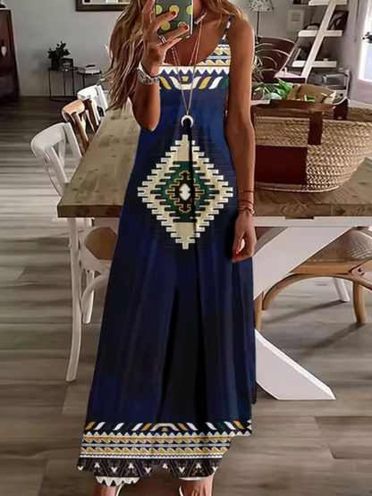 Deep V-Neck Turtle Dreamcatcher Feather Print Spaghetti Strap Maxi Dress