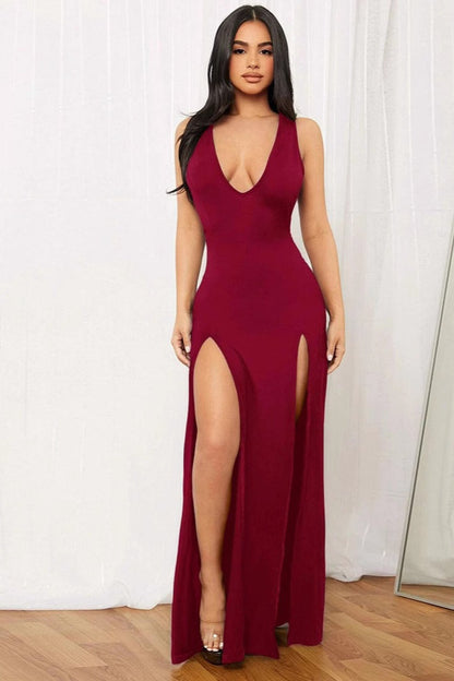 Sexy Deep V Slit Solid Bodycon Dress