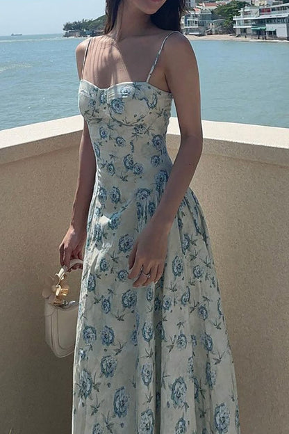 Floral Print Bustier Sweetheart Neck Spaghetti Strap Pleated Maxi Dress