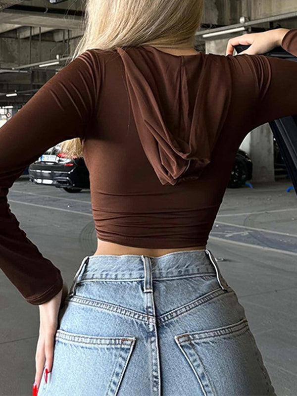 Solid Hooded Zip Up Short Long Sleeve Tee