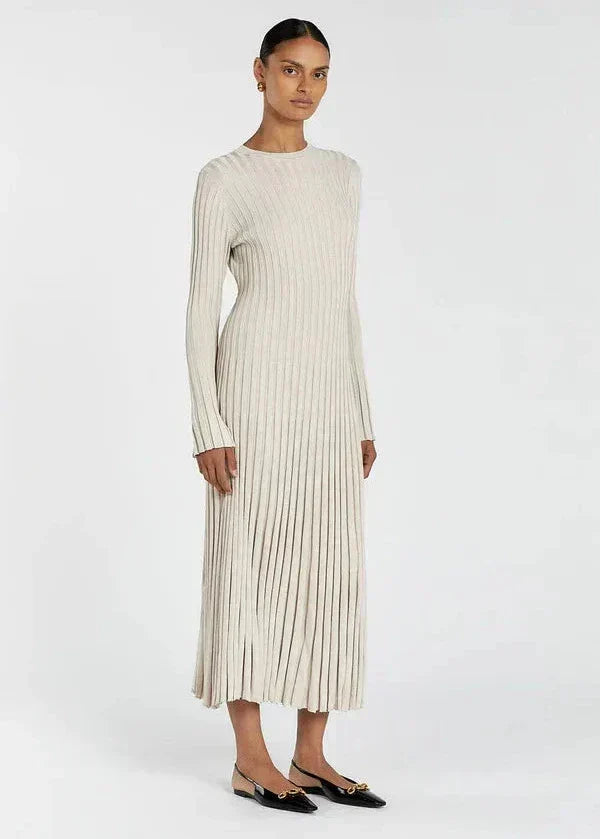 Crew Neck Ribbed Knit Long Sleeve Bodycon Maxi Dress