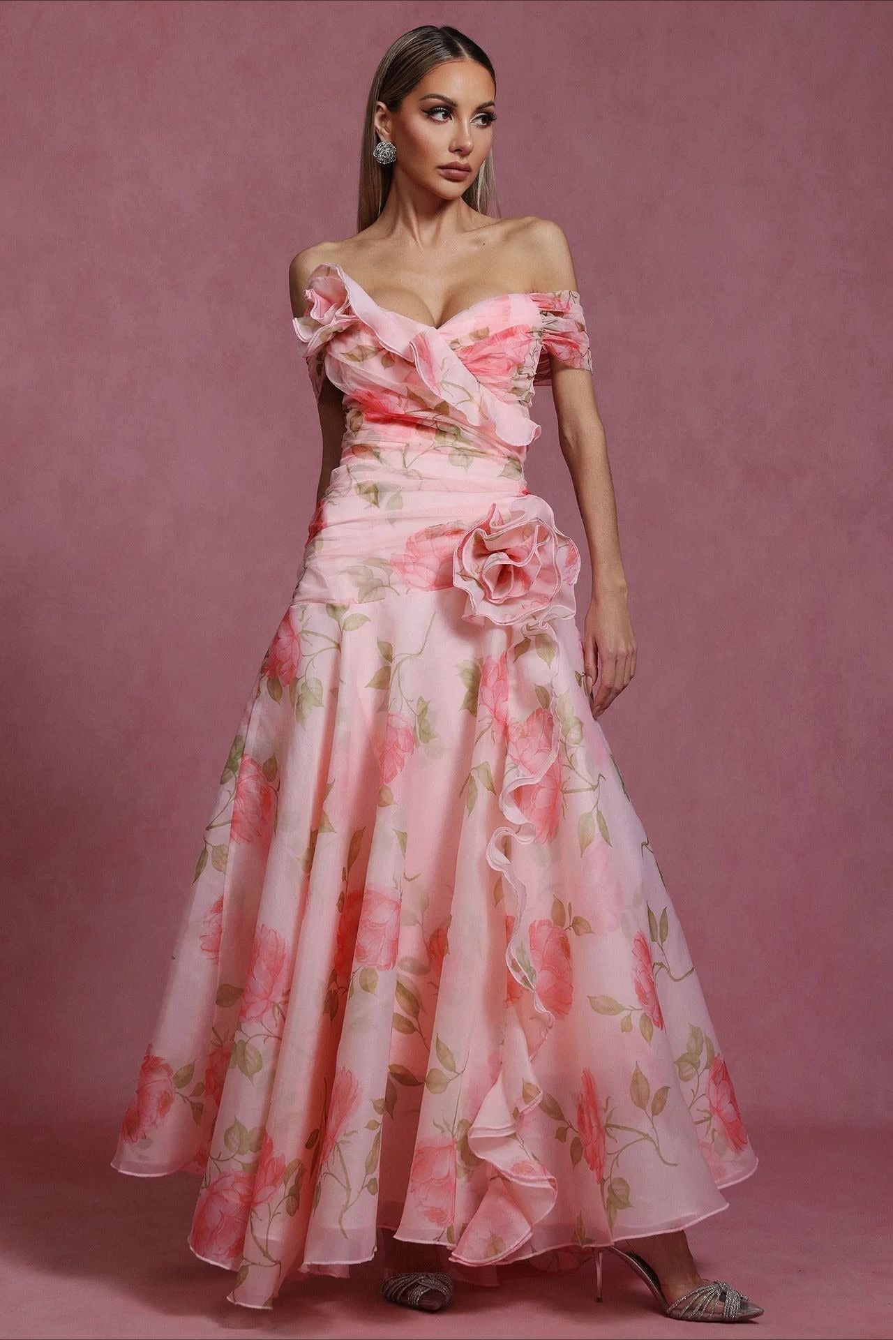 Floral Print 3D Applique Off-Shoulder Sweetheart A-Line Maxi Gown