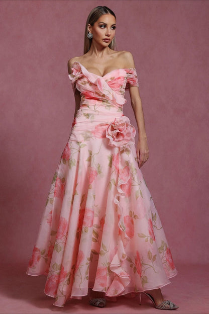 Floral Print 3D Applique Off-Shoulder Sweetheart A-Line Maxi Gown