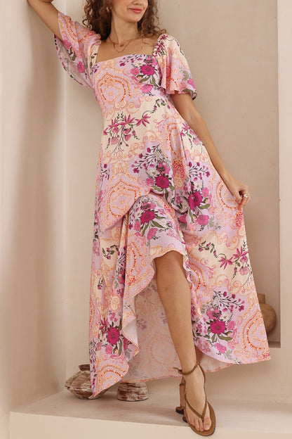 Plant Print Short-sleeved Square Neck Casual Pocket Holiday Midi Dress