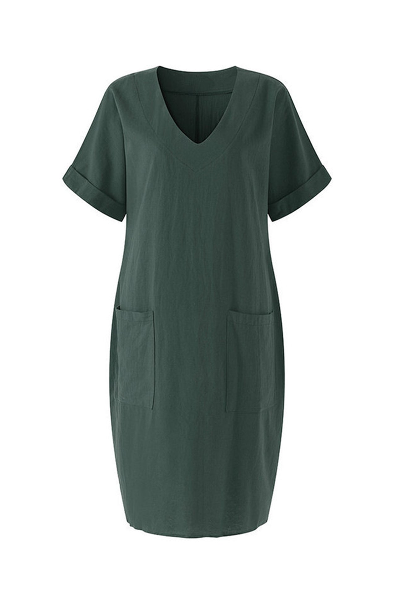 V-Neck Short Sleeve Pocketed Cotton Dress