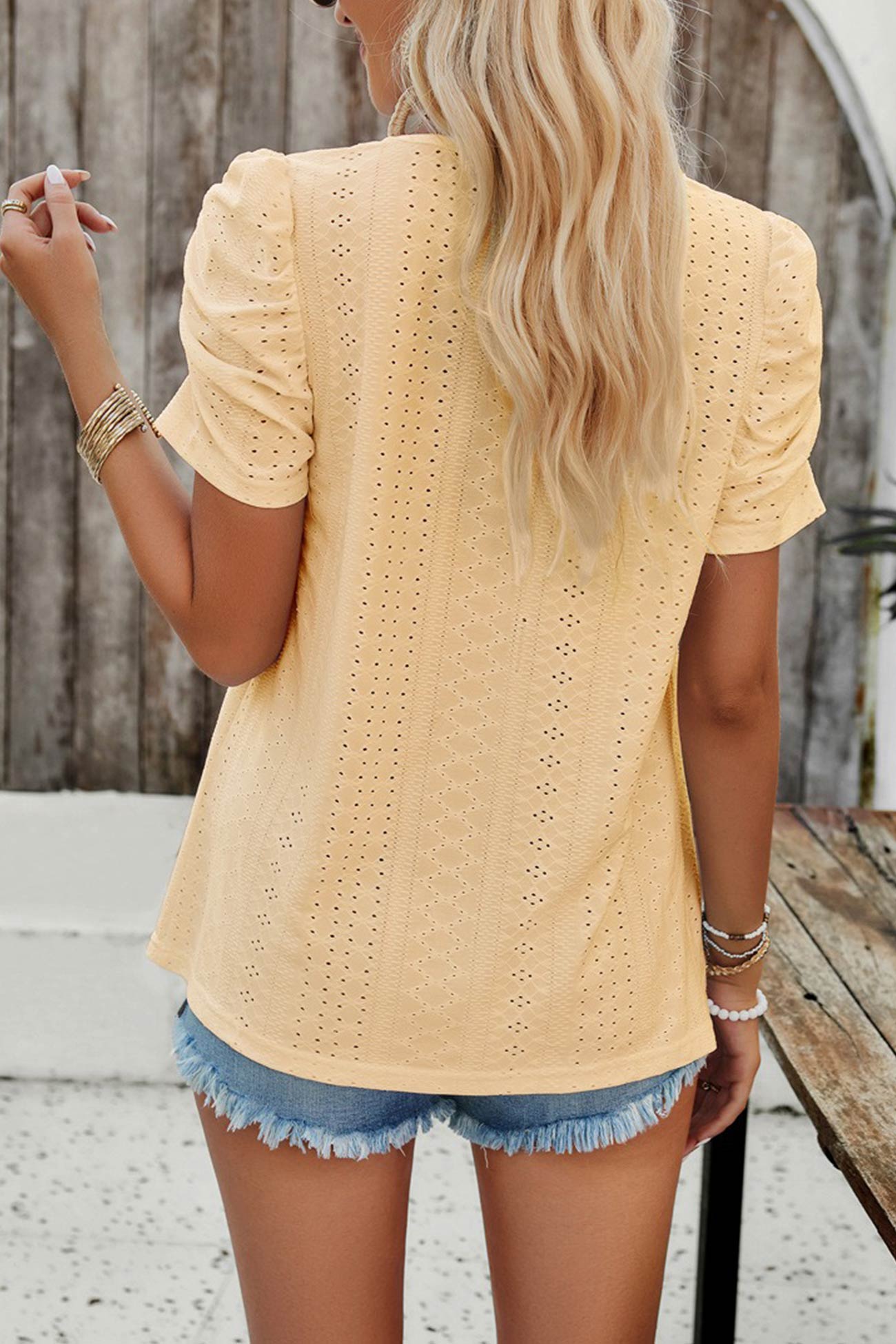 Square Neck Puff Sleeve Hollow Out Blouse