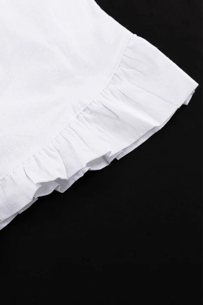 V-neck Lantern Sleeve Cotton Shirt Set