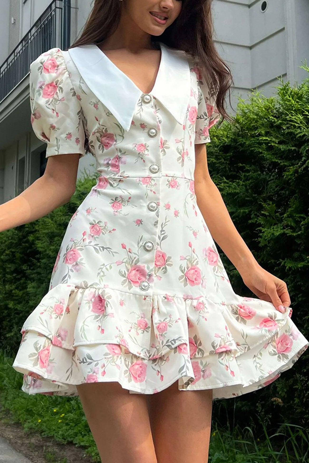 V-Neck Puff Sleeve A-line Ruffle Mini Dress