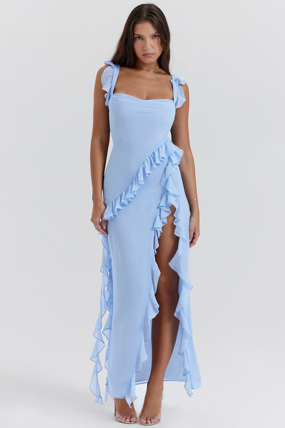 Square Neck Cap Sleeve Cascading Ruffle Trim High Slit Maxi Gown