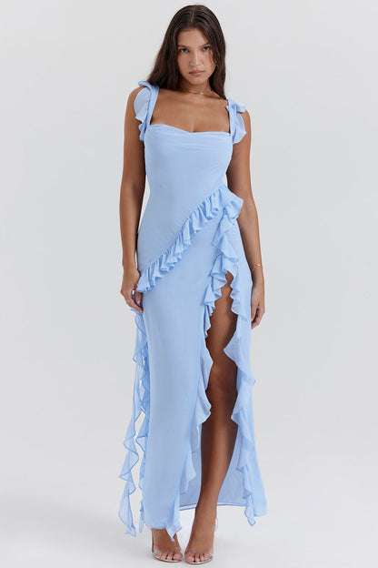Square Neck Cap Sleeve Cascading Ruffle Trim High Slit Maxi Gown