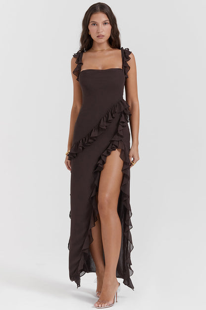 Square Neck Cap Sleeve Cascading Ruffle Trim High Slit Maxi Gown