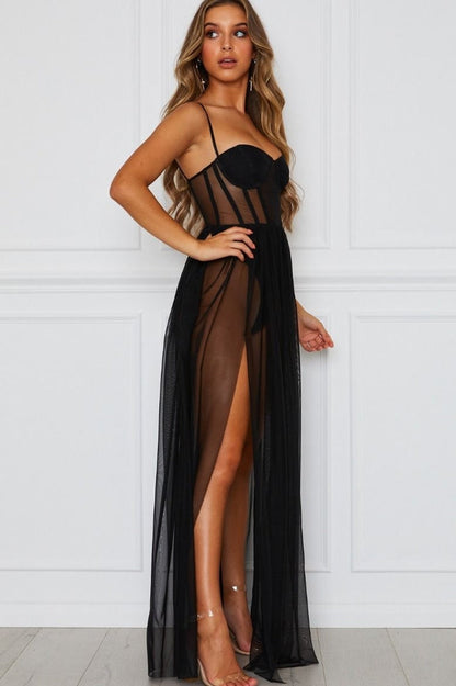 Corset Bodice Double Slit Sheer Mesh Column Maxi Dress