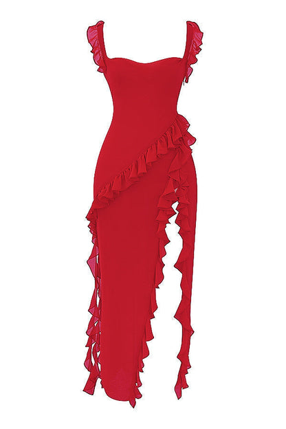 Square Neck Cap Sleeve Cascading Ruffle Trim High Slit Maxi Gown