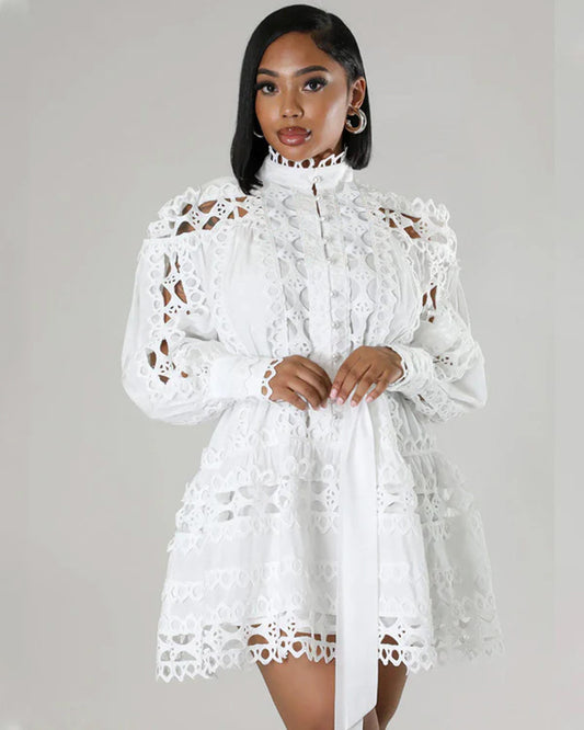 Lace Stitching Hollow Out Cutout Long Shirt Dress