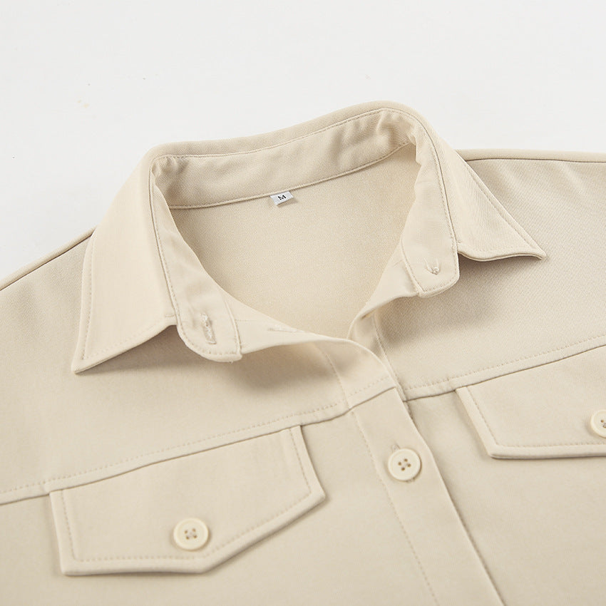 Office Elegant Belt Tooling Fall Collared Khaki Drop Shoulder Sleeve Pocket Retro