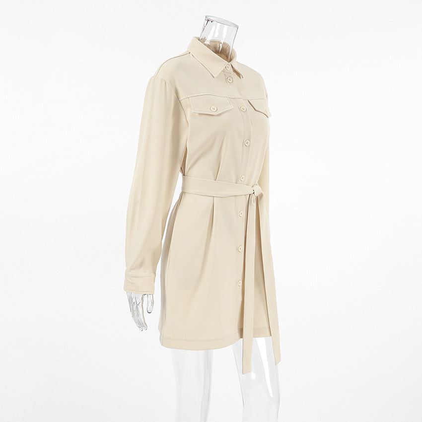 Office Elegant Belt Tooling Fall Collared Khaki Drop Shoulder Sleeve Pocket Retro