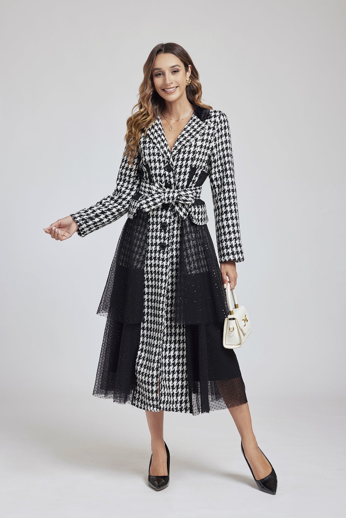 Plaid Tweed Sequin Lace Mesh Patchwork Dress