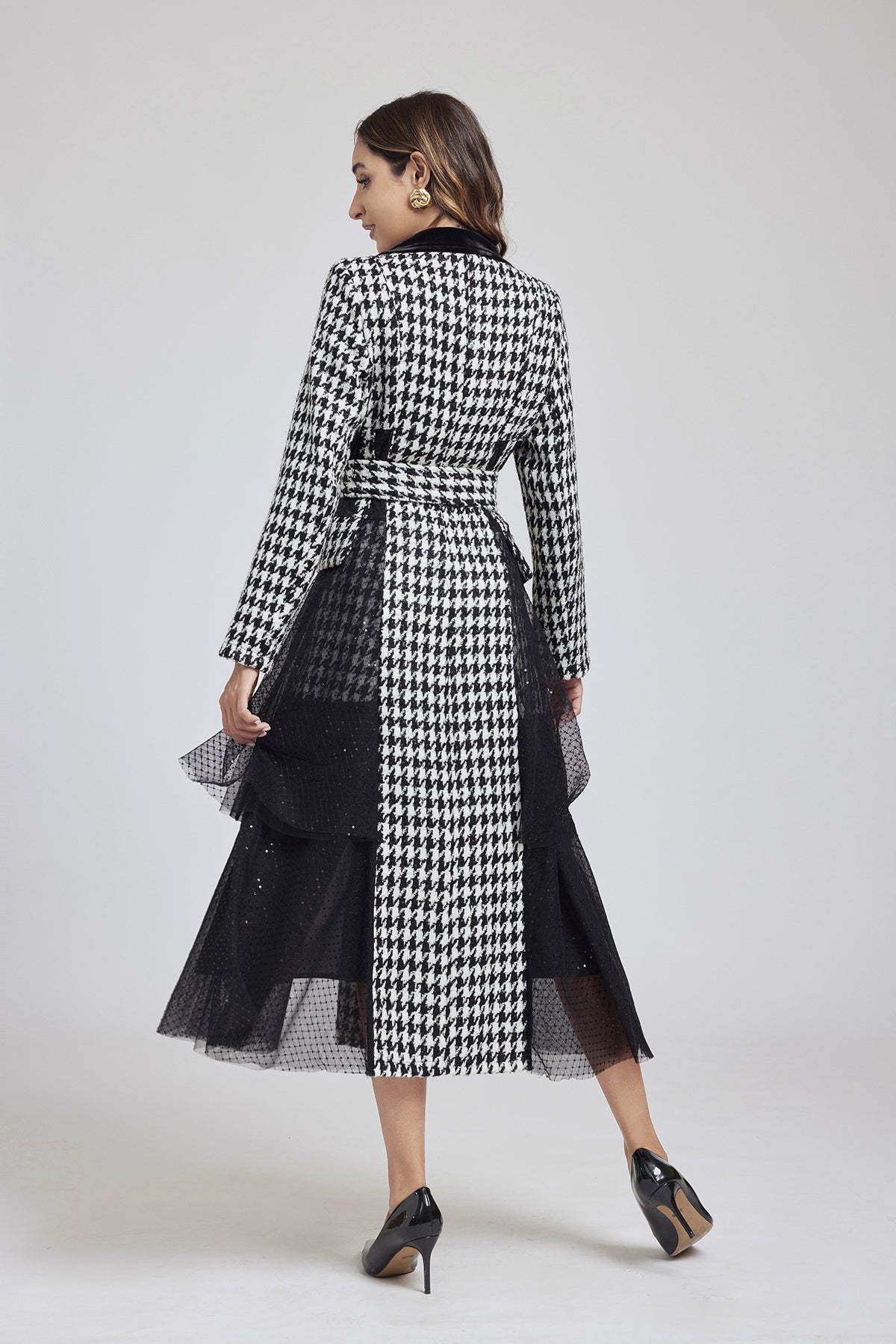 Plaid Tweed Sequin Lace Mesh Patchwork Dress
