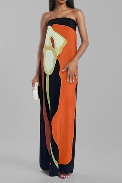 Strapless Bandeau Abstract Floral Print Column Maxi Dress
