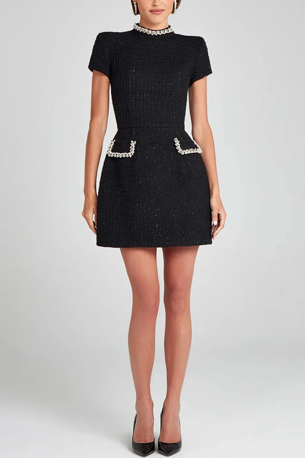 Pearl Trim Mock Neck Tweed Pocket Mini Dress