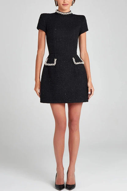 Pearl Trim Mock Neck Tweed Pocket Mini Dress